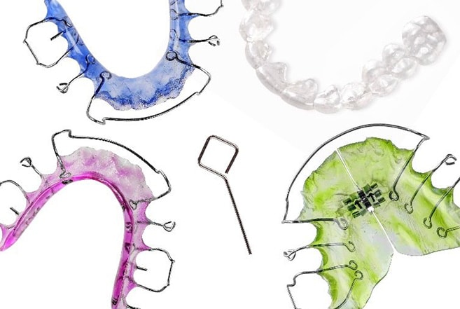 Several colors of orthodontic appliances